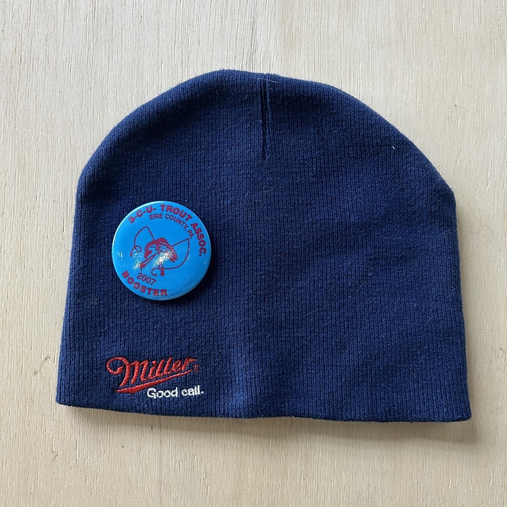 Miller Hat Beanie Mens One Size Blue Embroidered Miller Logo Good‎ Call Winter